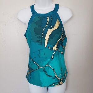 Rad Swim Women's Large T-Back Tankini Swimsuit Top Blue Metallic Gold Marble